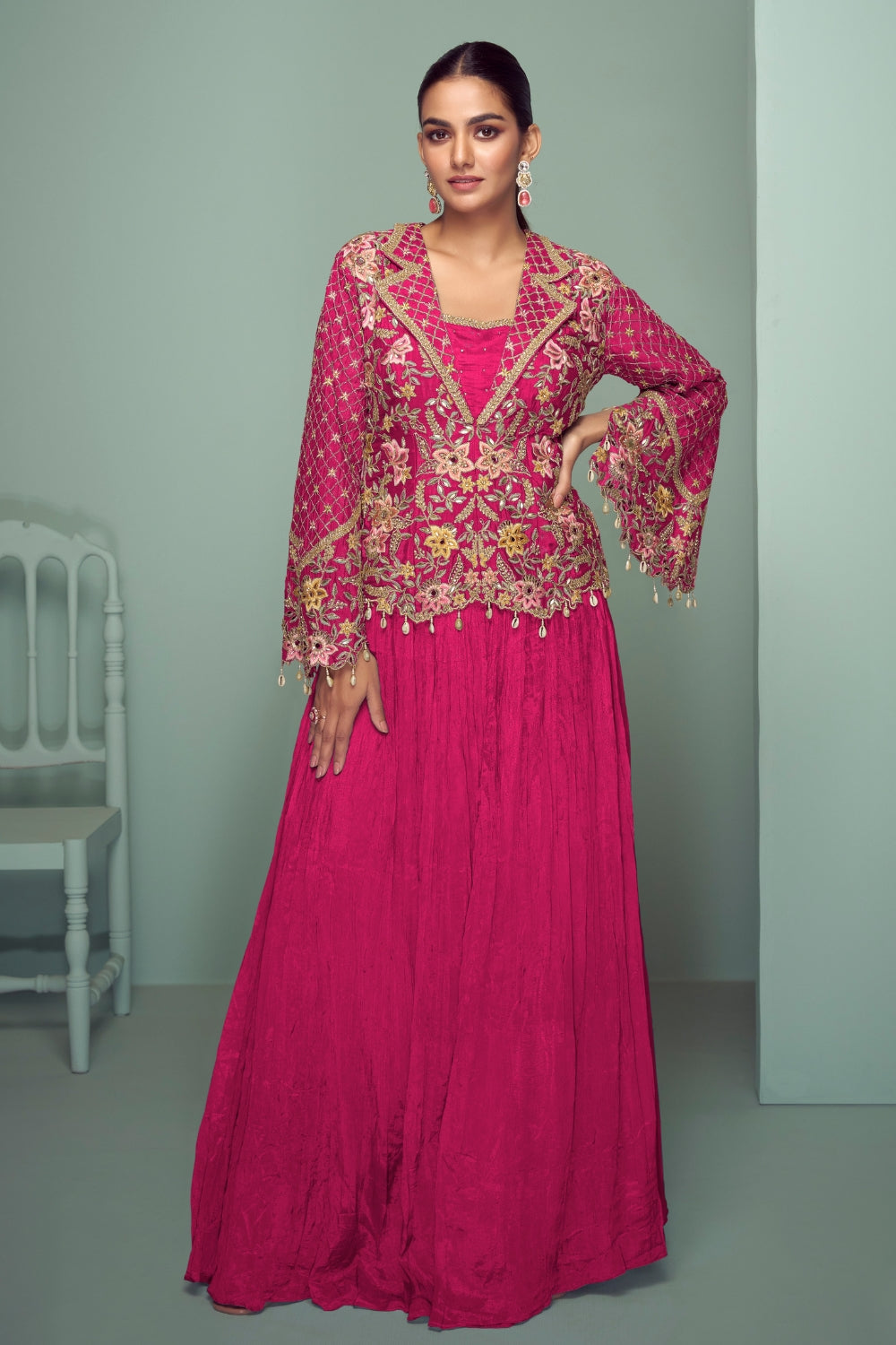 Chinon Anarkali Set with Mirror and Embroidery Work