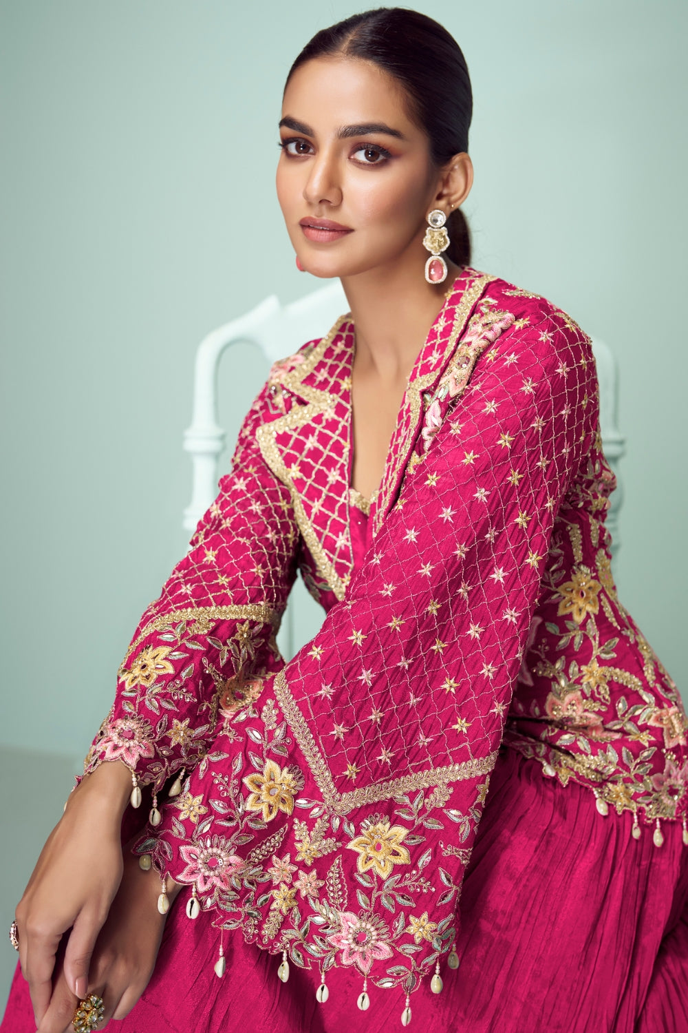 Chinon Anarkali Set with Mirror and Embroidery Work