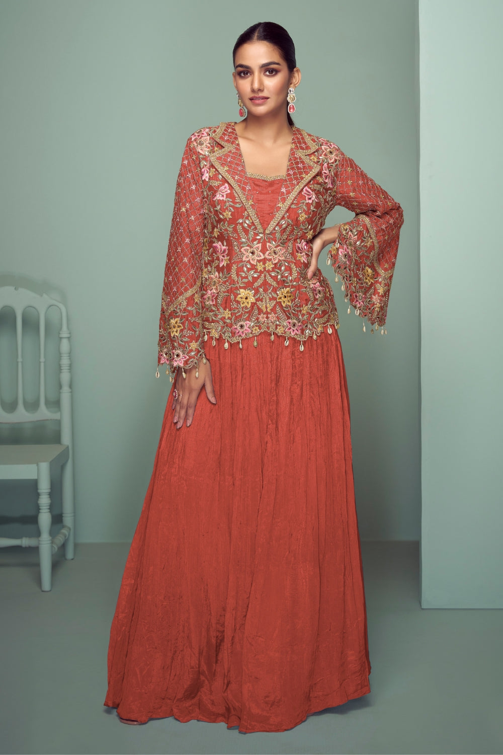 Chinon Anarkali Set with Mirror and Embroidery Work