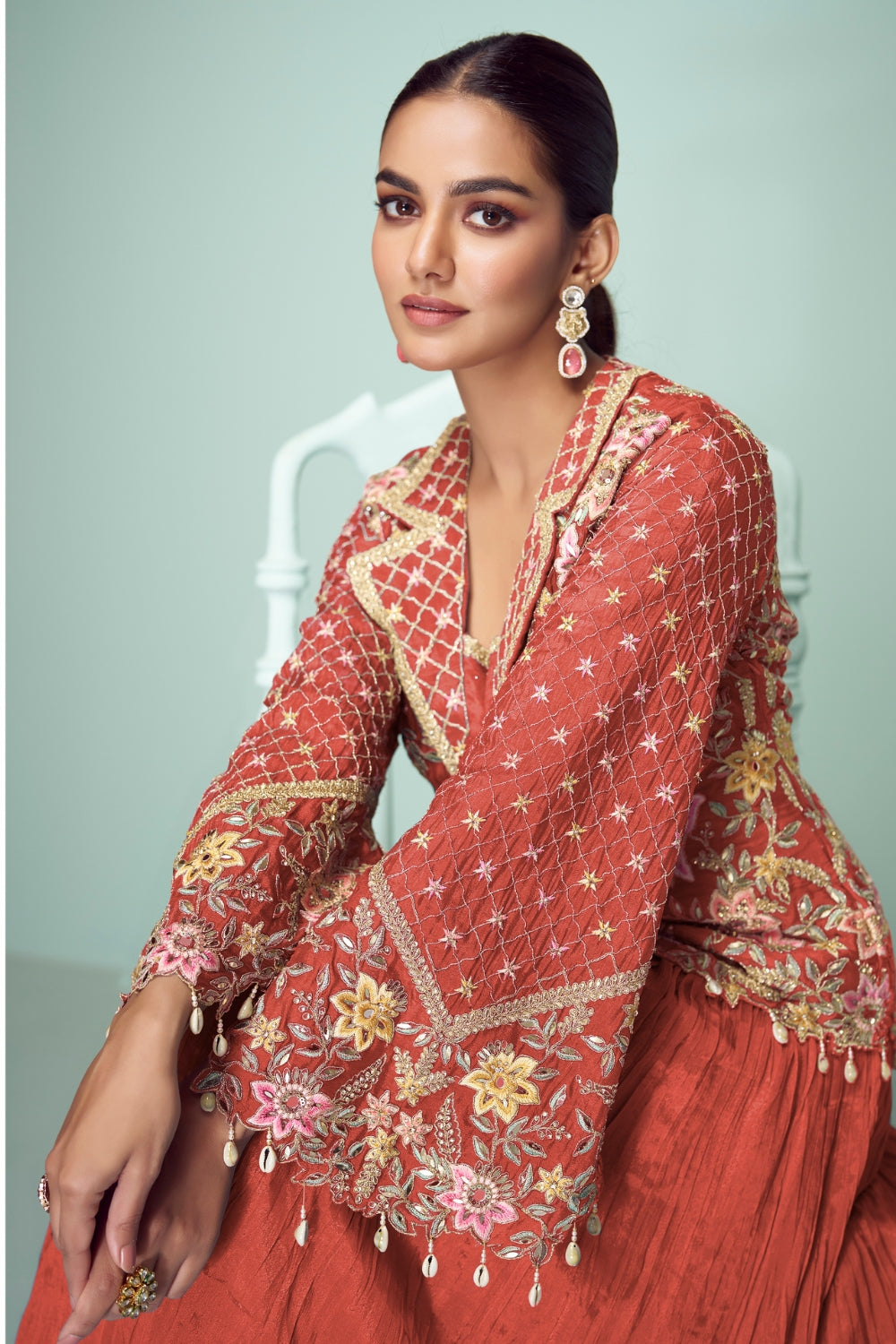 Chinon Anarkali Set with Mirror and Embroidery Work