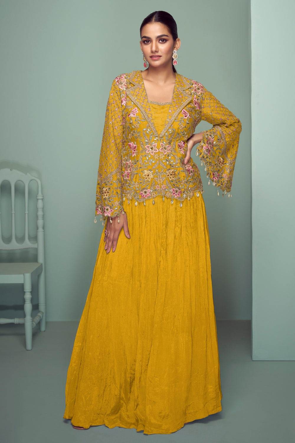 Chinon Anarkali Set with Mirror and Embroidery Work