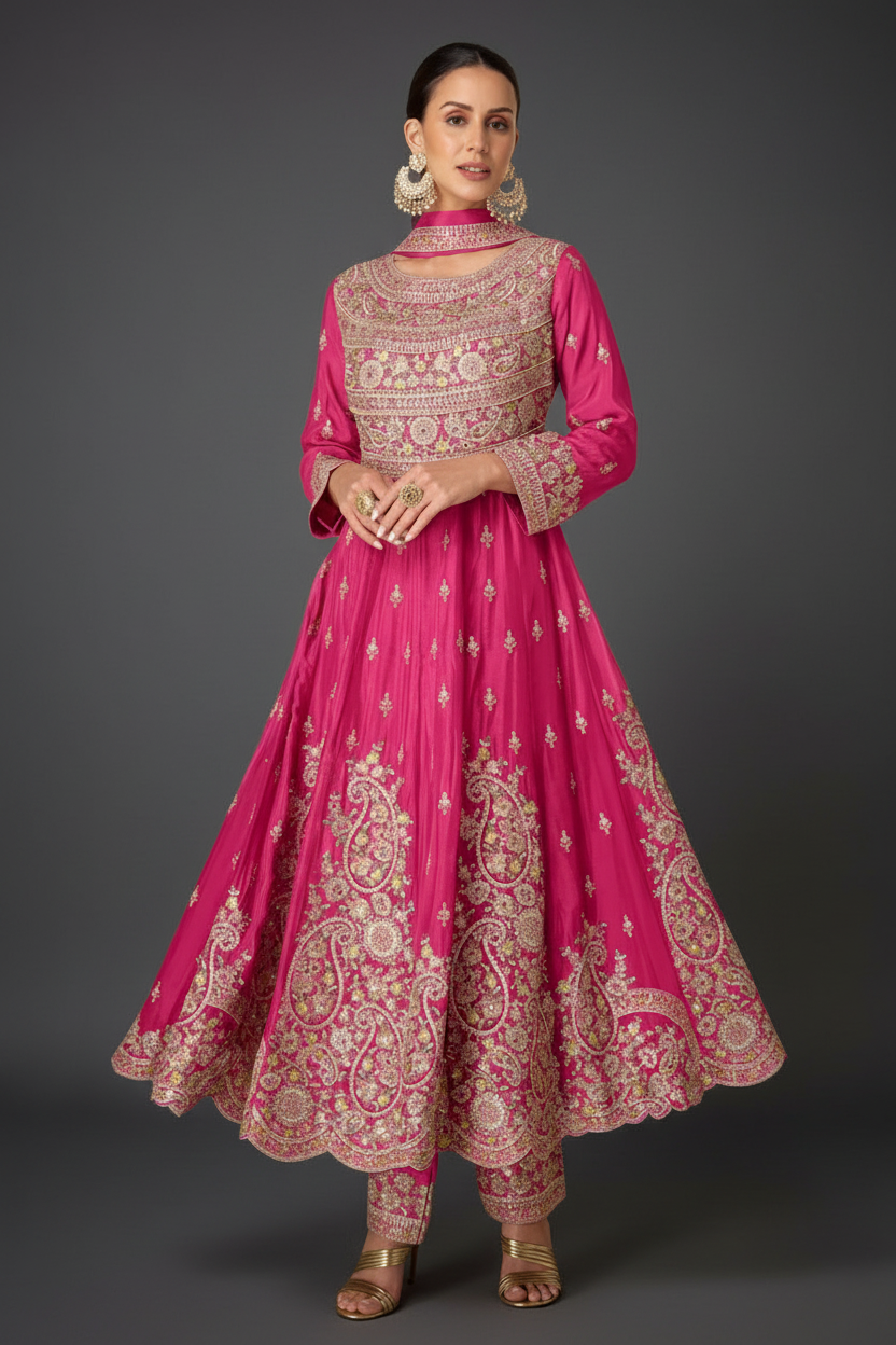 Pink Chinon Anarkali Set with Mirror and Stone Work