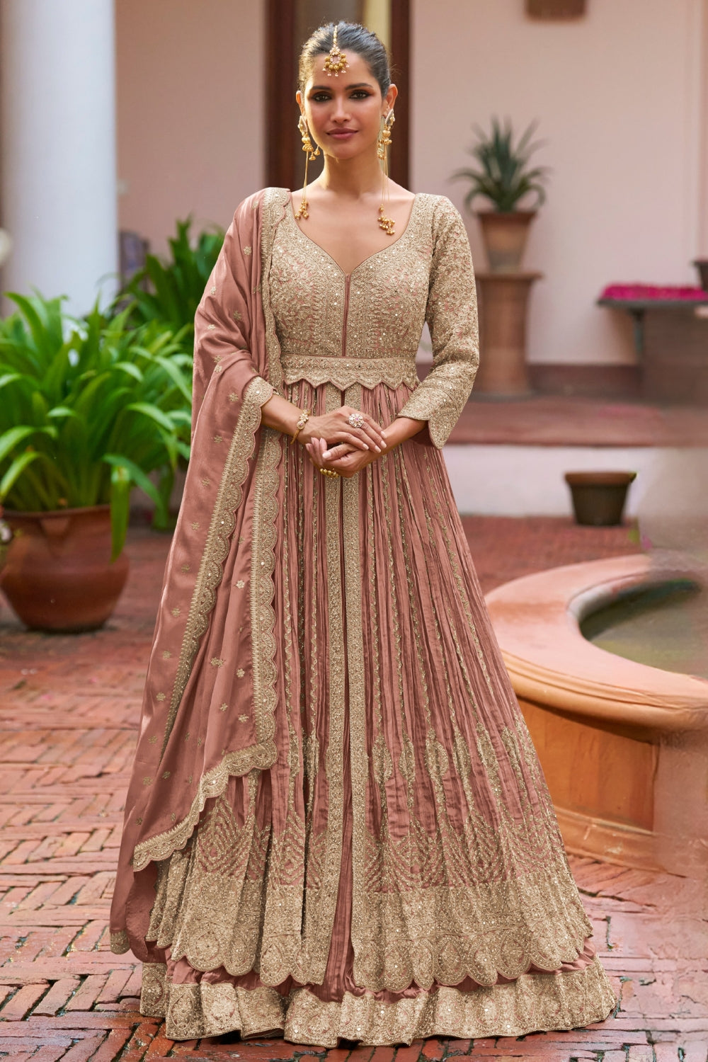 Chinon Anarkali Set with Resham Embroidery and Sequins Work