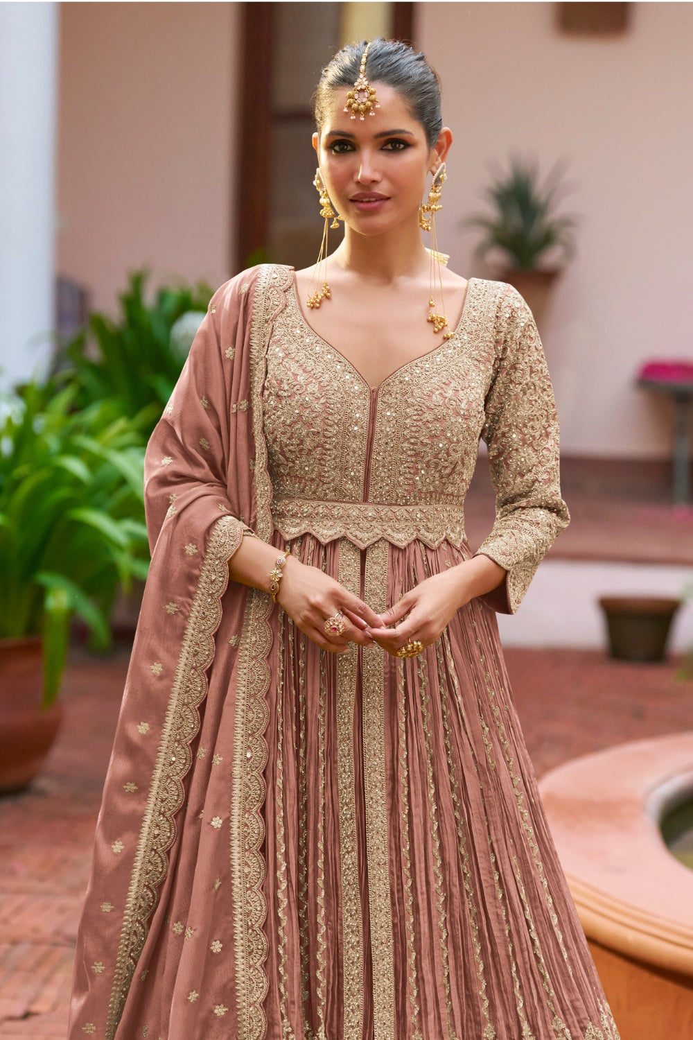 Chinon Anarkali Set with Resham Embroidery and Sequins Work