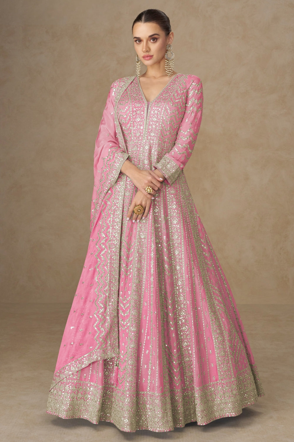 Chinon Anarkali Set with Resham Embroidery and Sequins Work