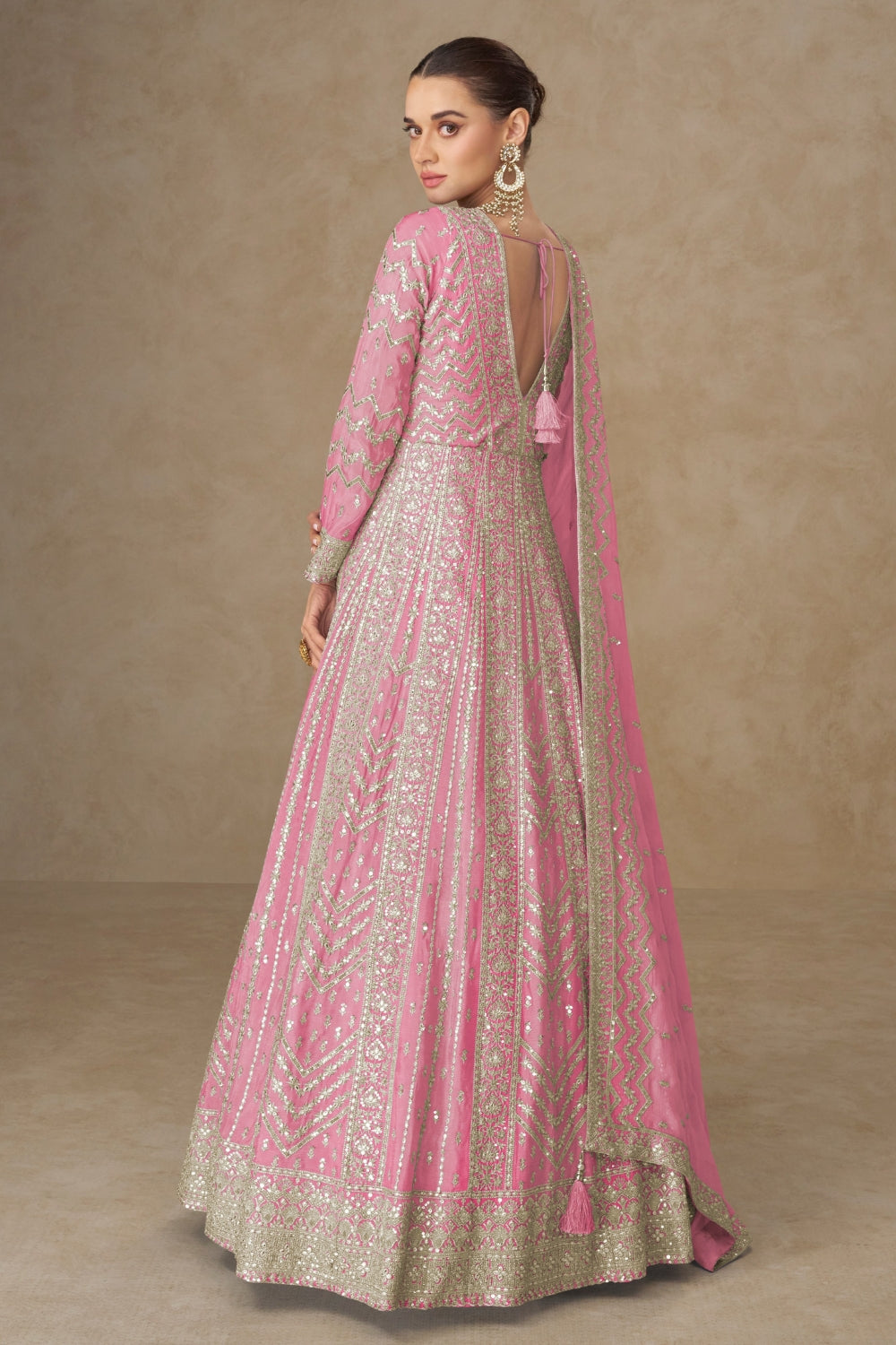 Chinon Anarkali Set with Resham Embroidery and Sequins Work