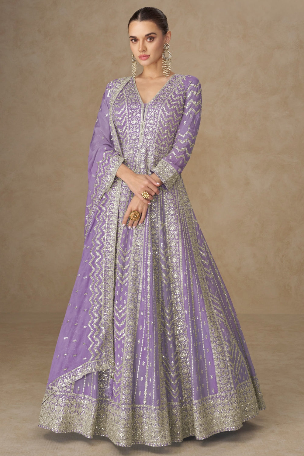 Chinon Anarkali Set with Resham Embroidery and Sequins Work