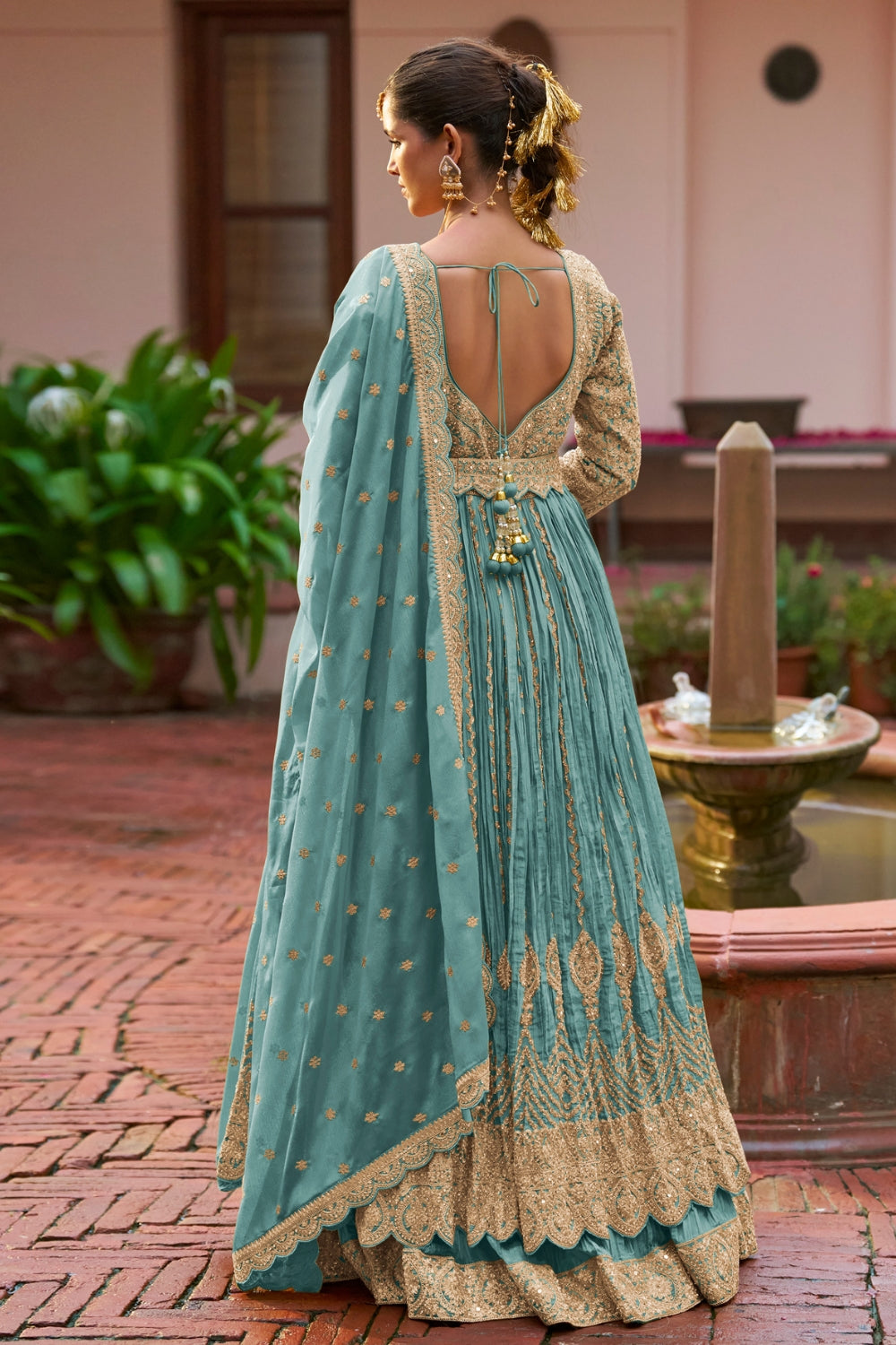Chinon Anarkali Set with Resham Embroidery and Sequins Work