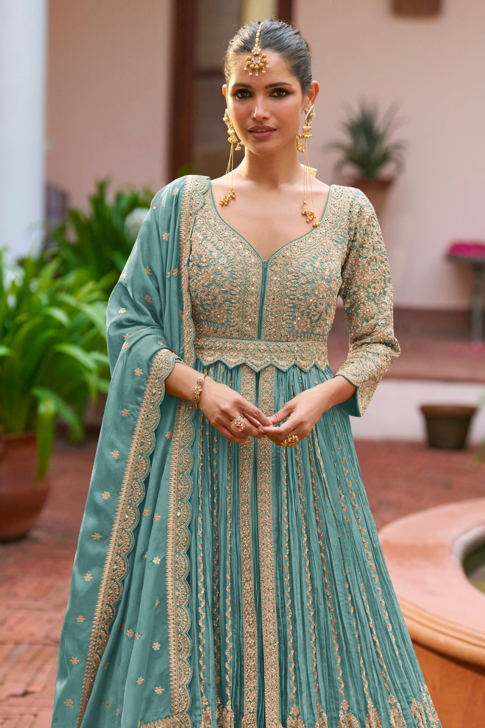 Chinon Anarkali Set with Resham Embroidery and Sequins Work