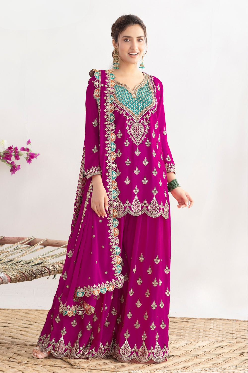 Chinon Palazzo Set with Resham Embroidery and Sequins Work