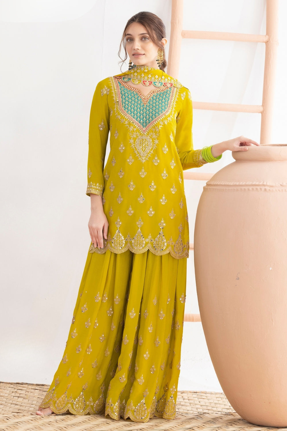 Chinon Palazzo Set with Resham Embroidery and Sequins Work