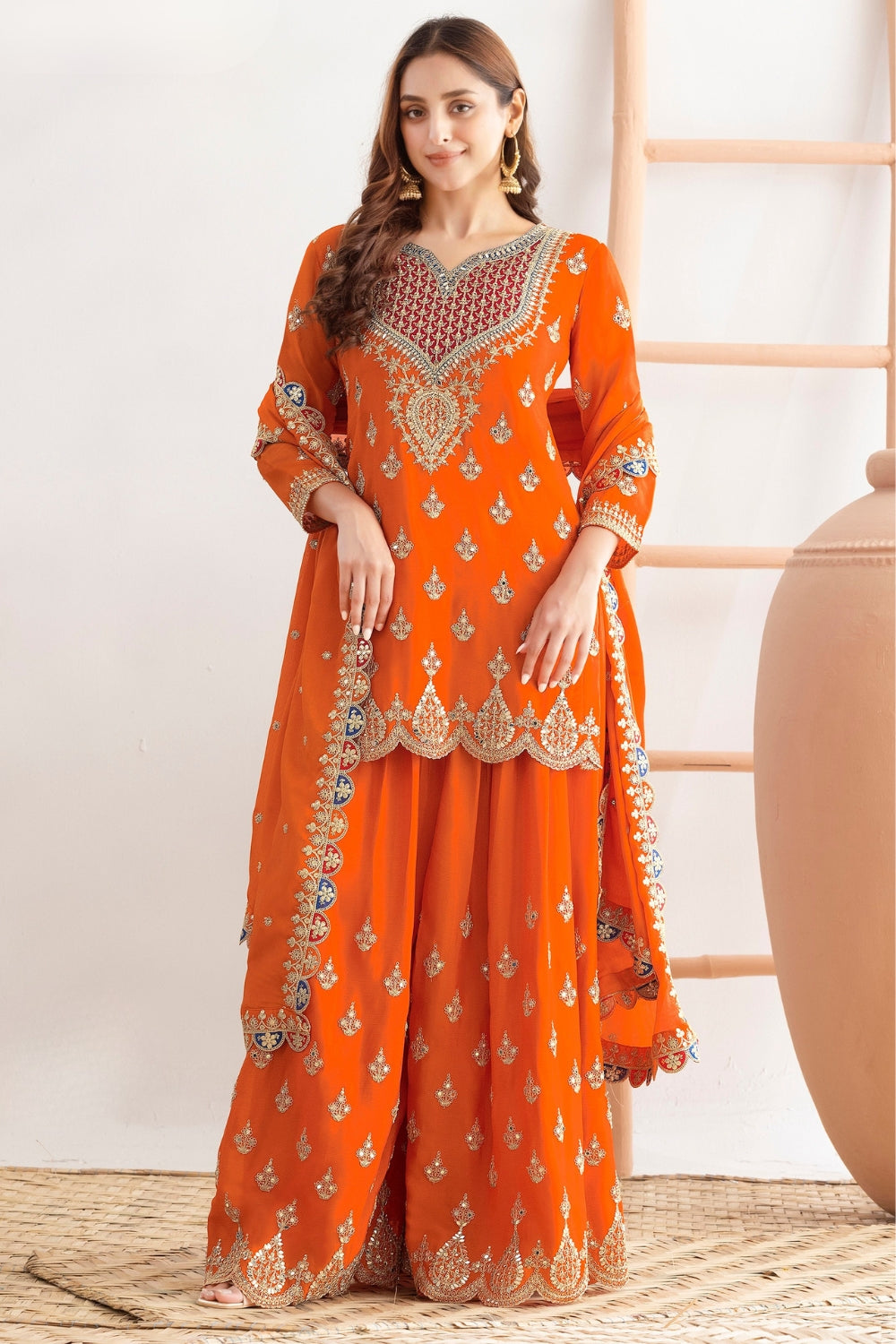 Chinon Palazzo Set with Resham Embroidery and Sequins Work