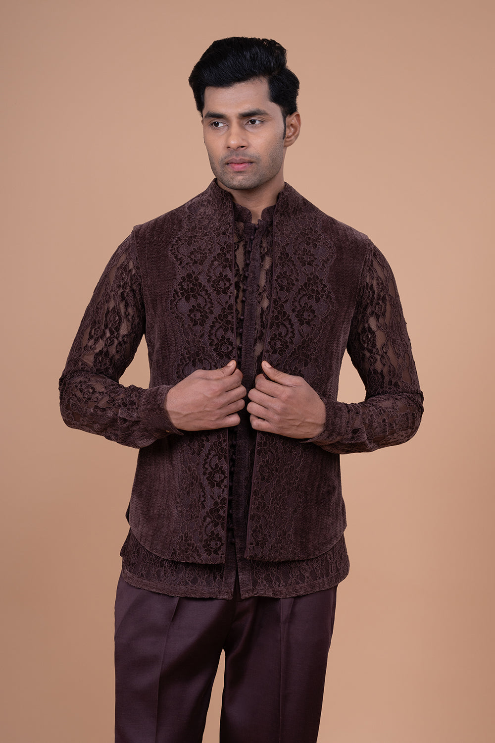 Sheer Floral Lace Kurta with Velvet Trim and Tonal Trousers.