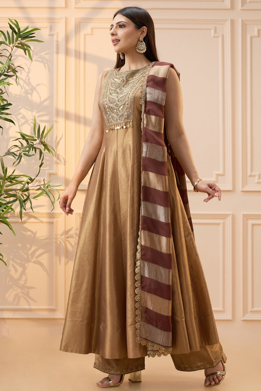 Copper Tissue Anarkali Set with Cutdana and Beads Work