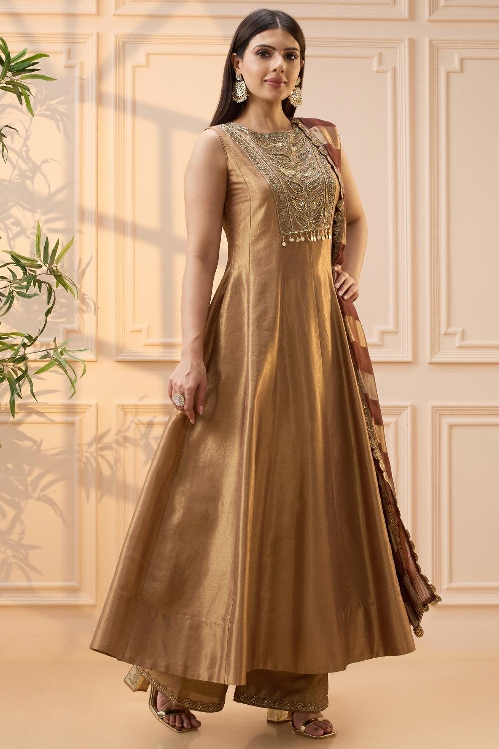 Copper Tissue Anarkali Set with Cutdana and Beads Work