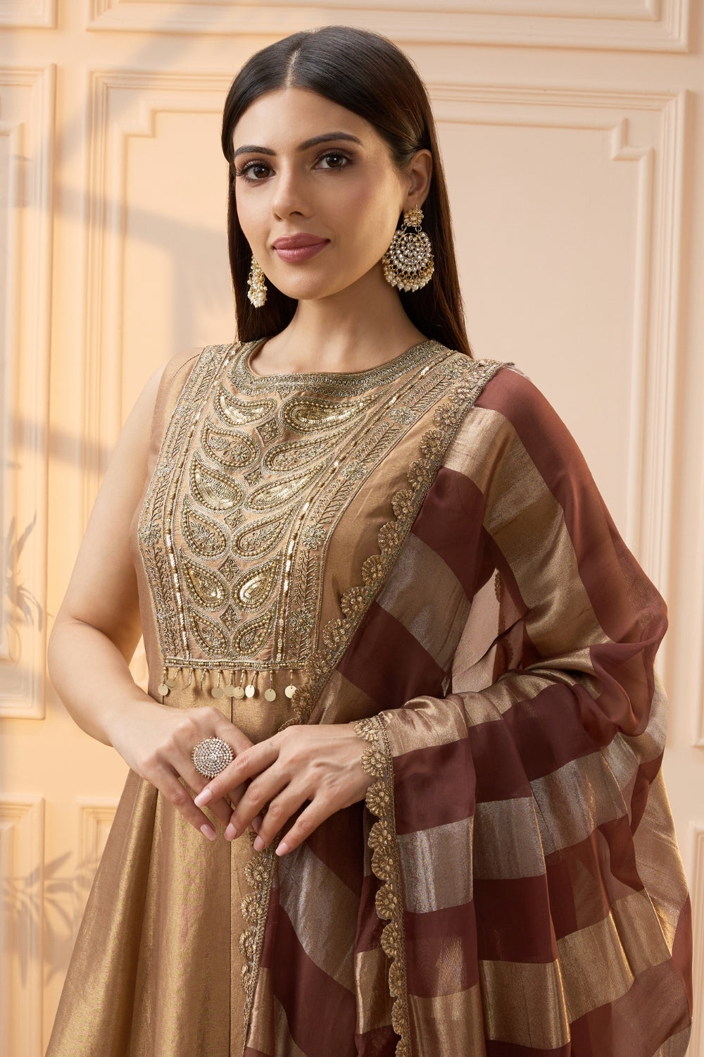 Copper Tissue Anarkali Set with Cutdana and Beads Work