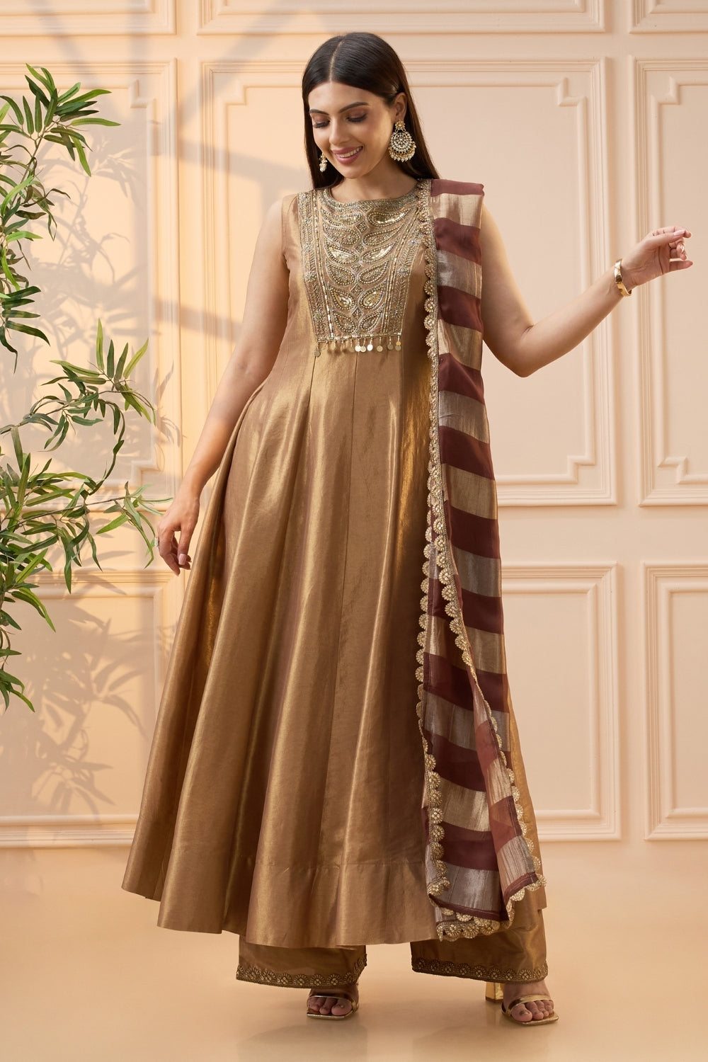 Copper Tissue Anarkali Set with Cutdana and Beads Work