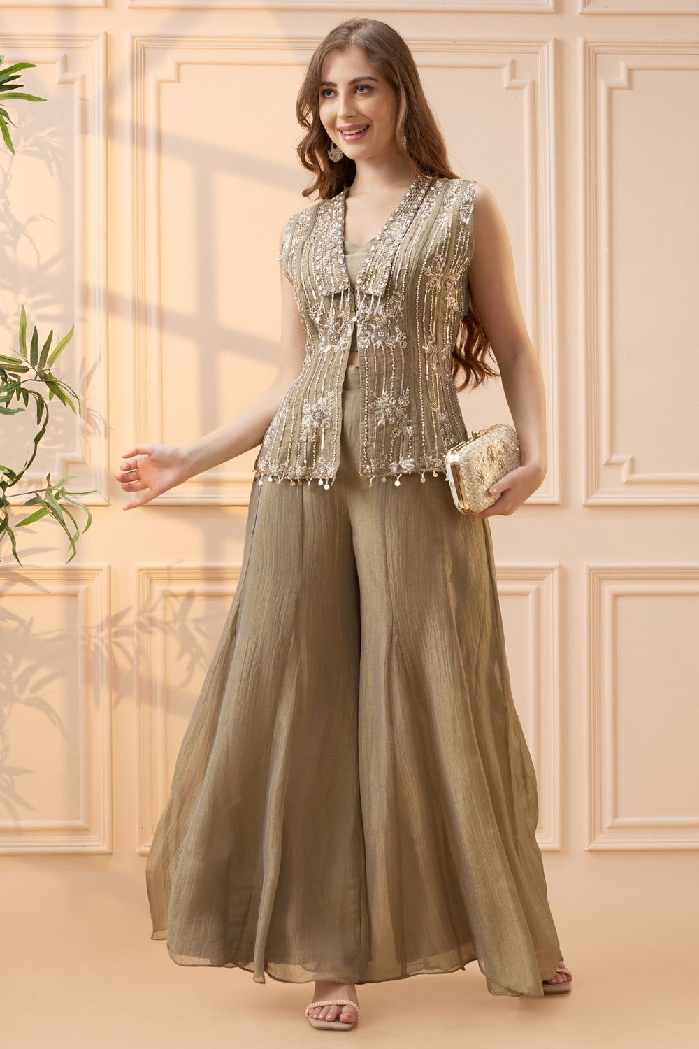 Copper Tissue Palazzo Set with Zardosi and Moti Work