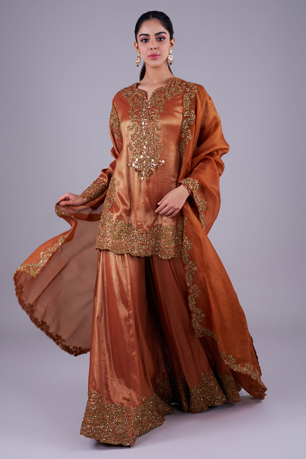 Copper embroidered kurta with sharara set
