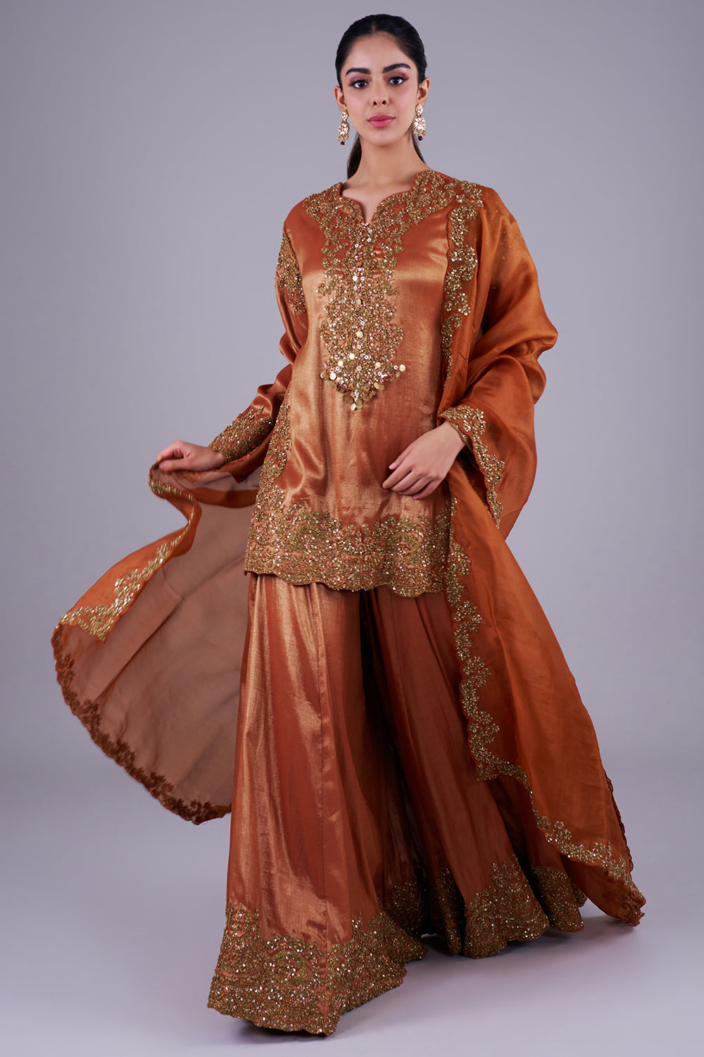 Copper embroidered kurta with sharara set