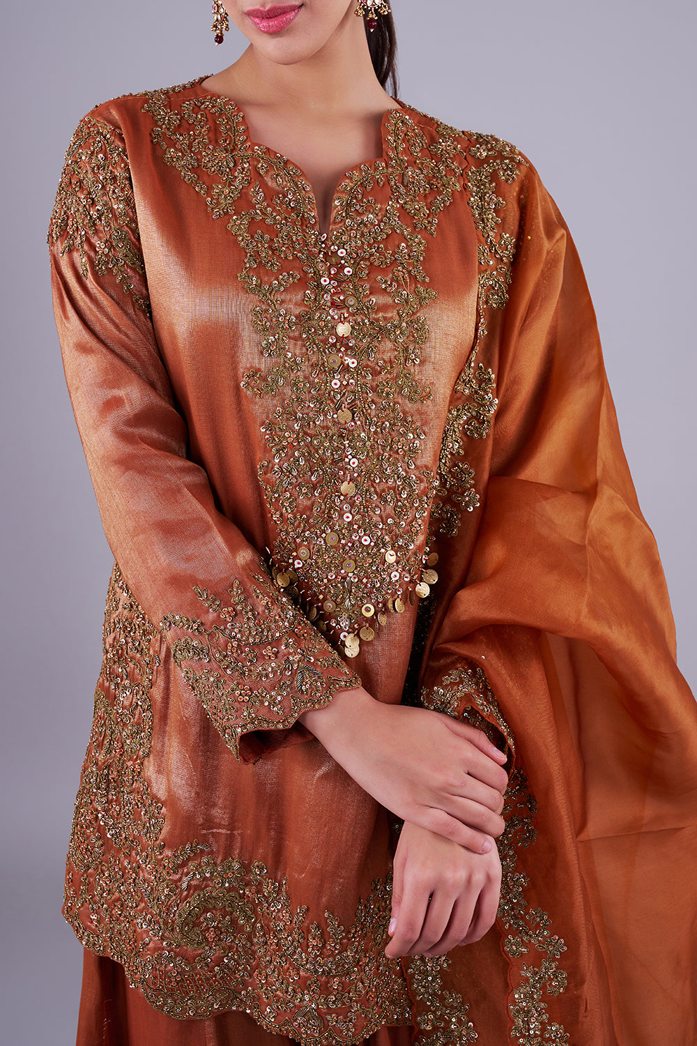 Copper embroidered kurta with sharara set