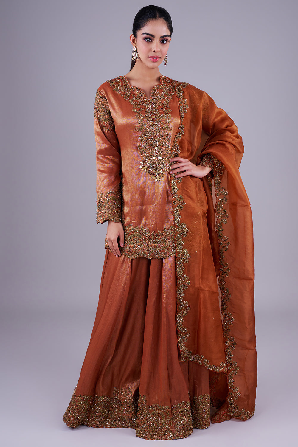 Copper embroidered kurta with sharara set