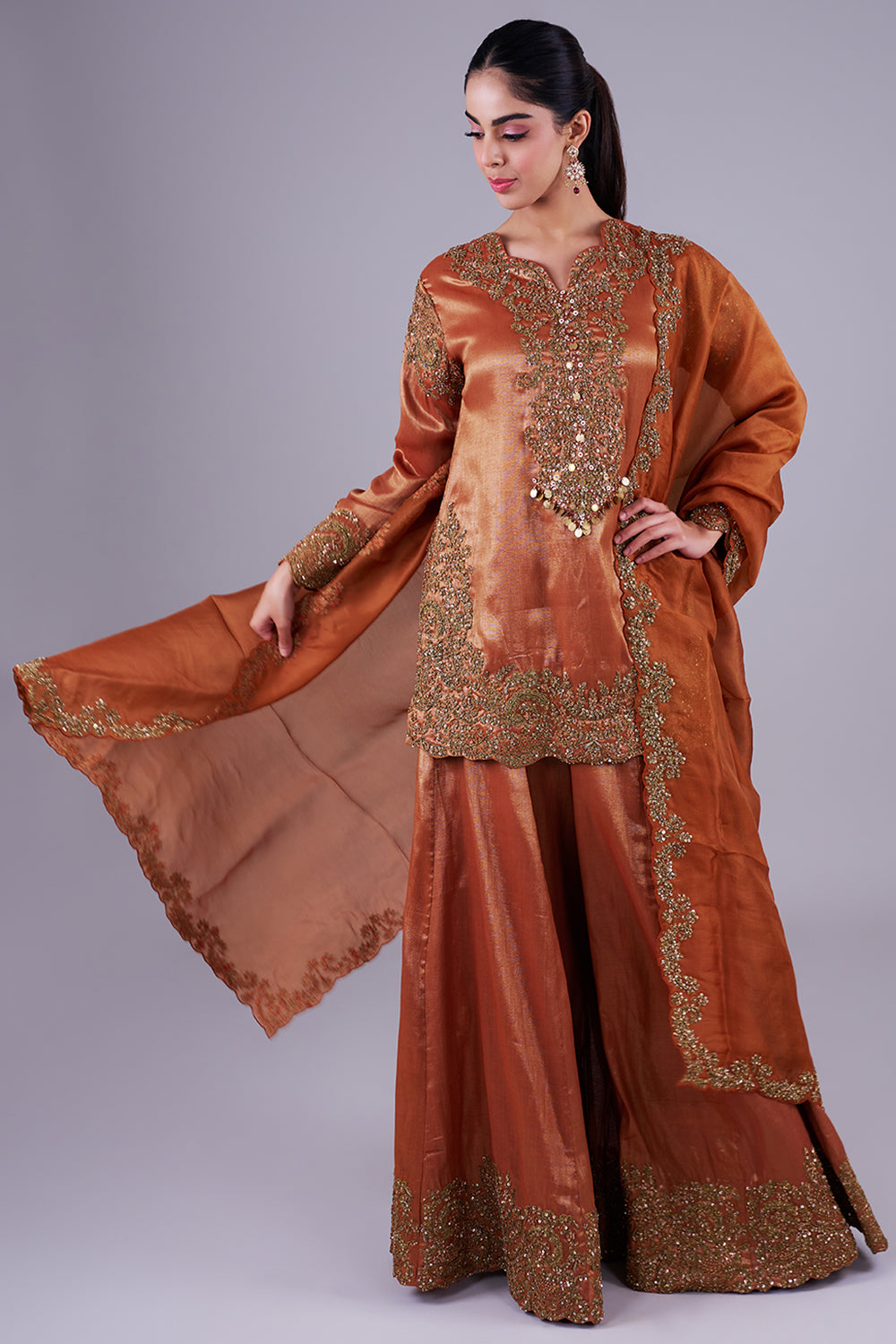 Copper embroidered kurta with sharara set