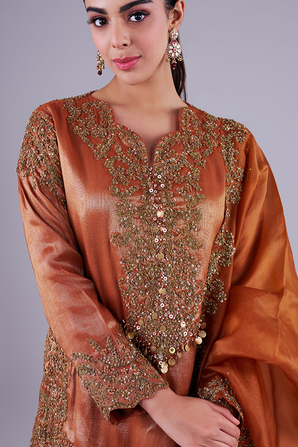 Copper embroidered kurta with sharara set