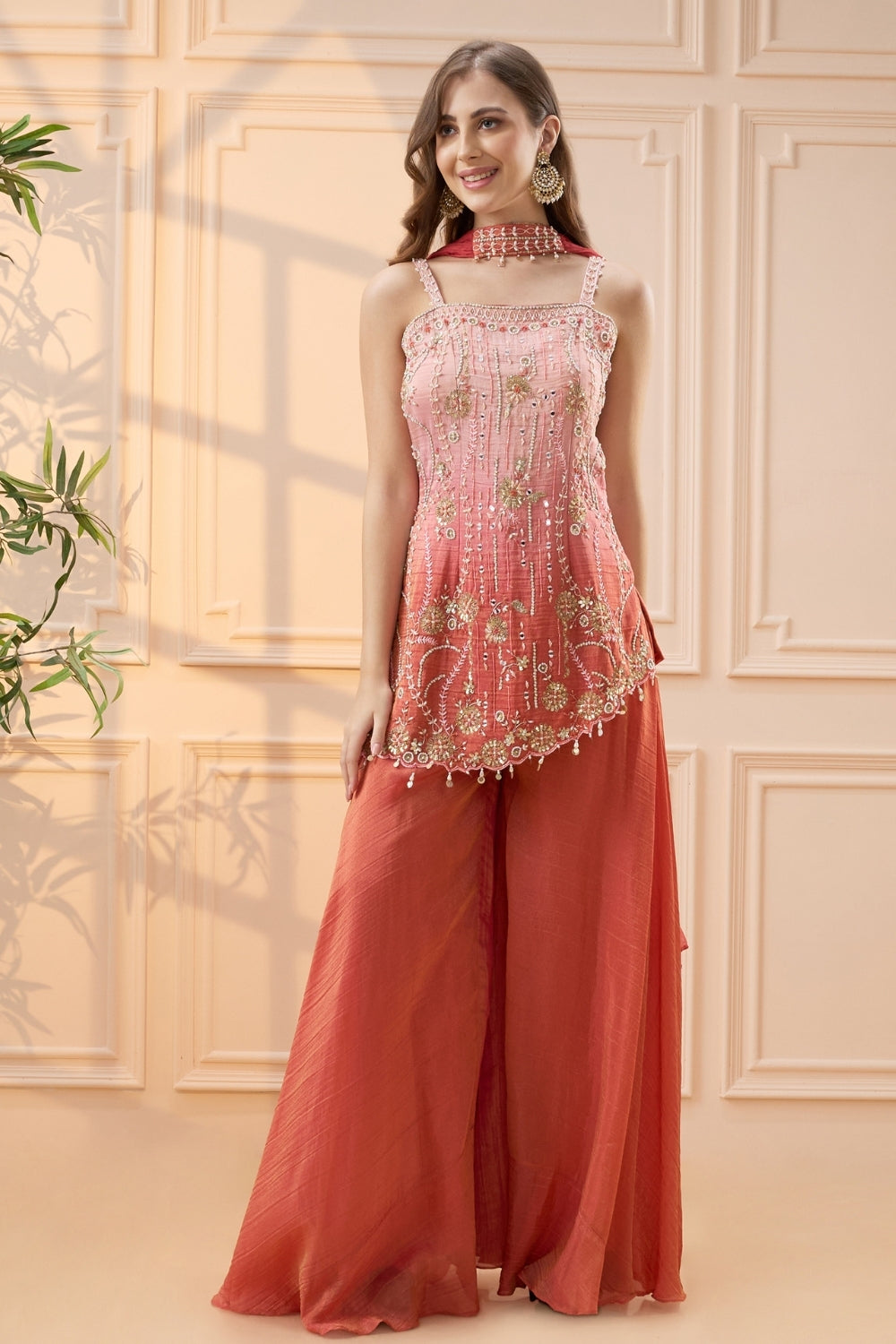 Coral Ombre Tissue Palazzo Set with Cutdana and Moti Work