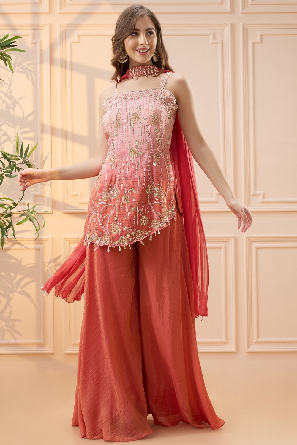 Coral Ombre Tissue Palazzo Set with Cutdana and Moti Work