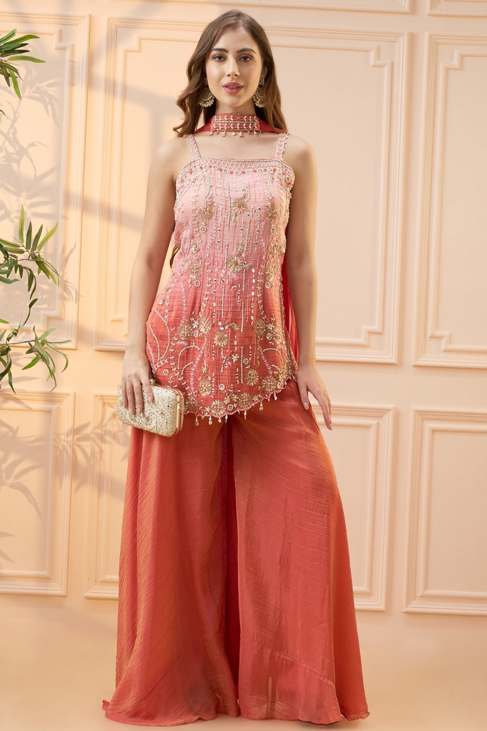 Coral Ombre Tissue Palazzo Set with Cutdana and Moti Work