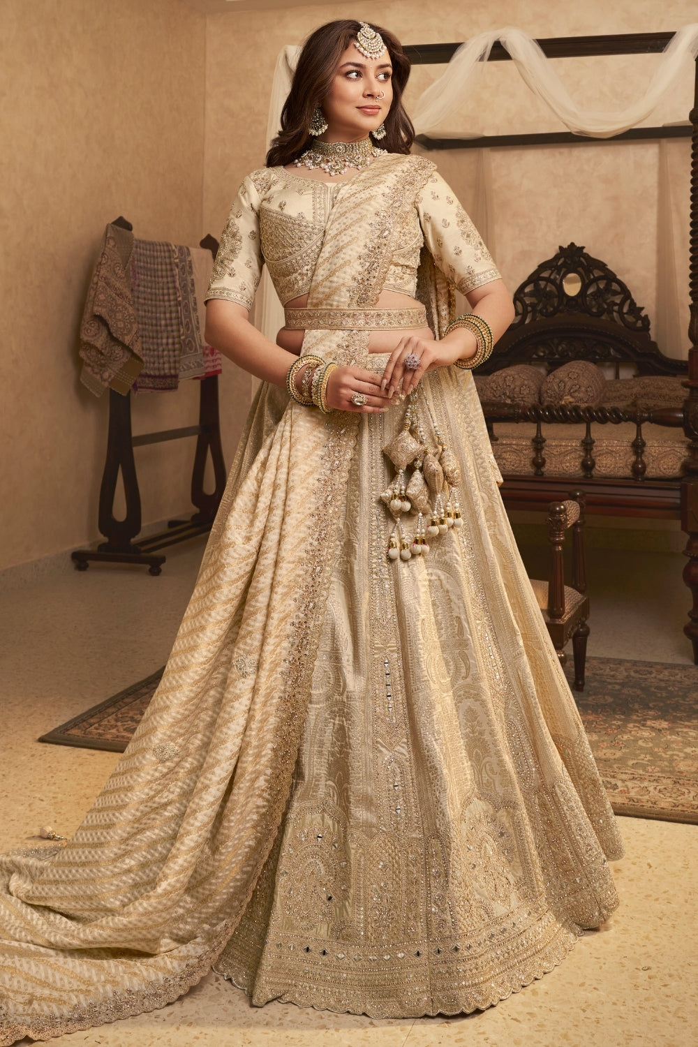Cream Banarasi Silk Lehenga Set with Sequins and Stone Work