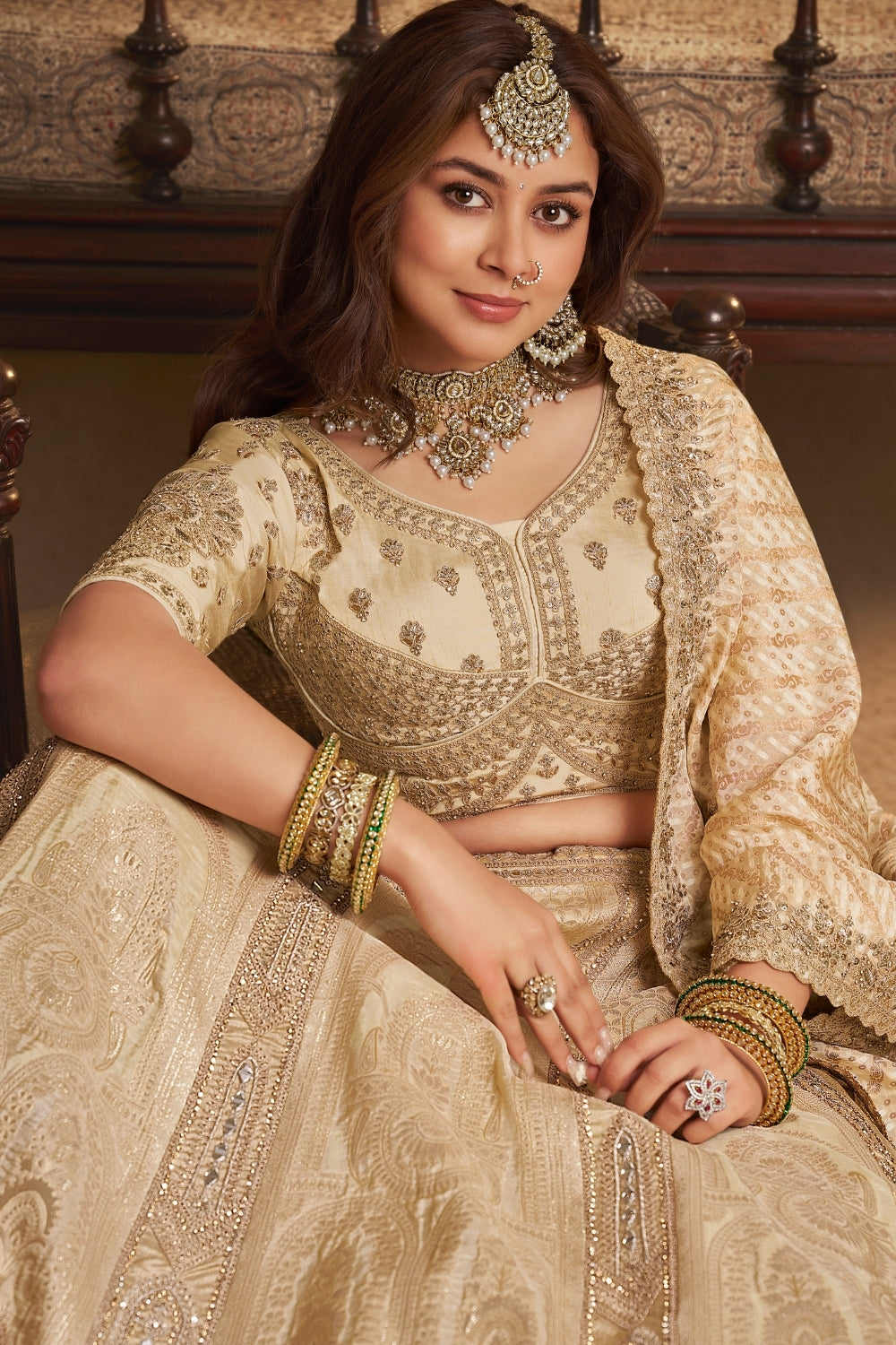 Cream Banarasi Silk Lehenga Set with Sequins and Stone Work