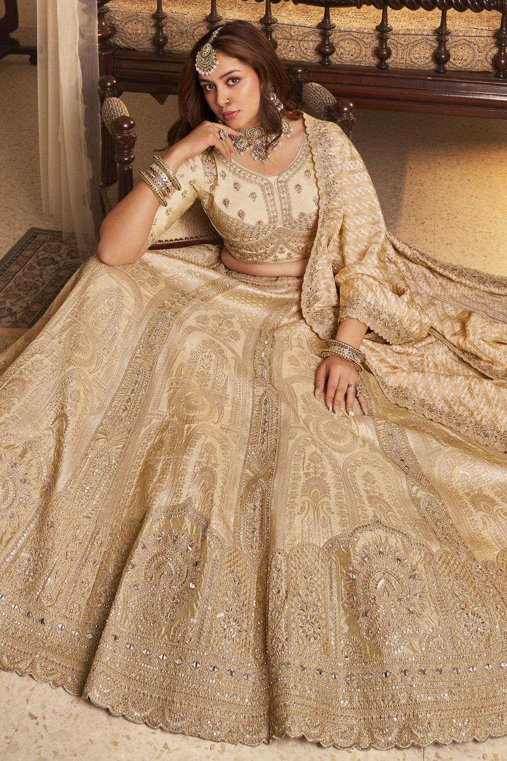 Cream Banarasi Silk Lehenga Set with Sequins and Stone Work