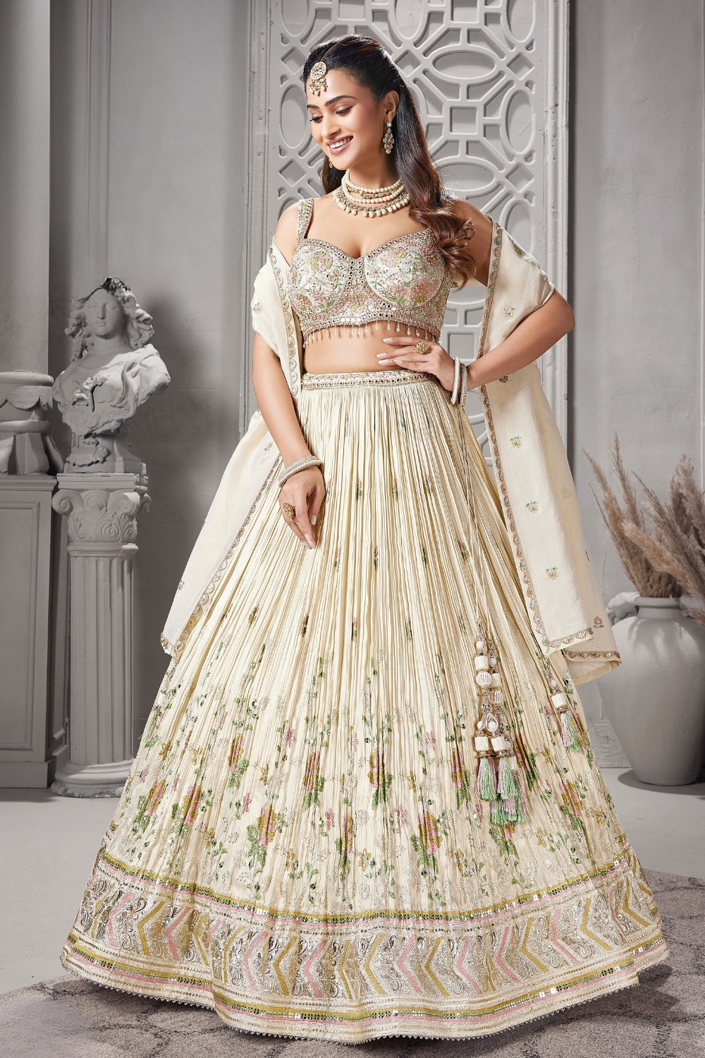 Cream Chinon Lehenga Set with Moti and Mirror Work