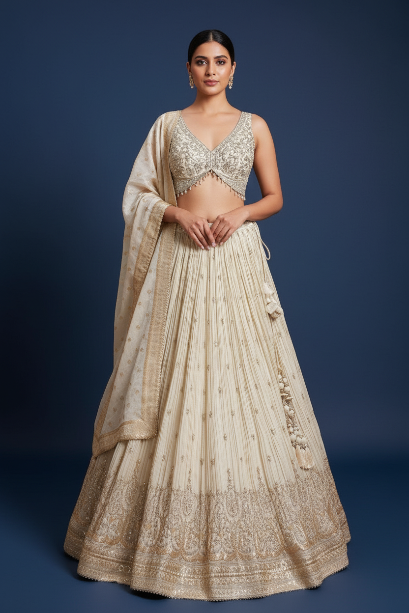 Cream Chinon Sequinned Flared Lehenga