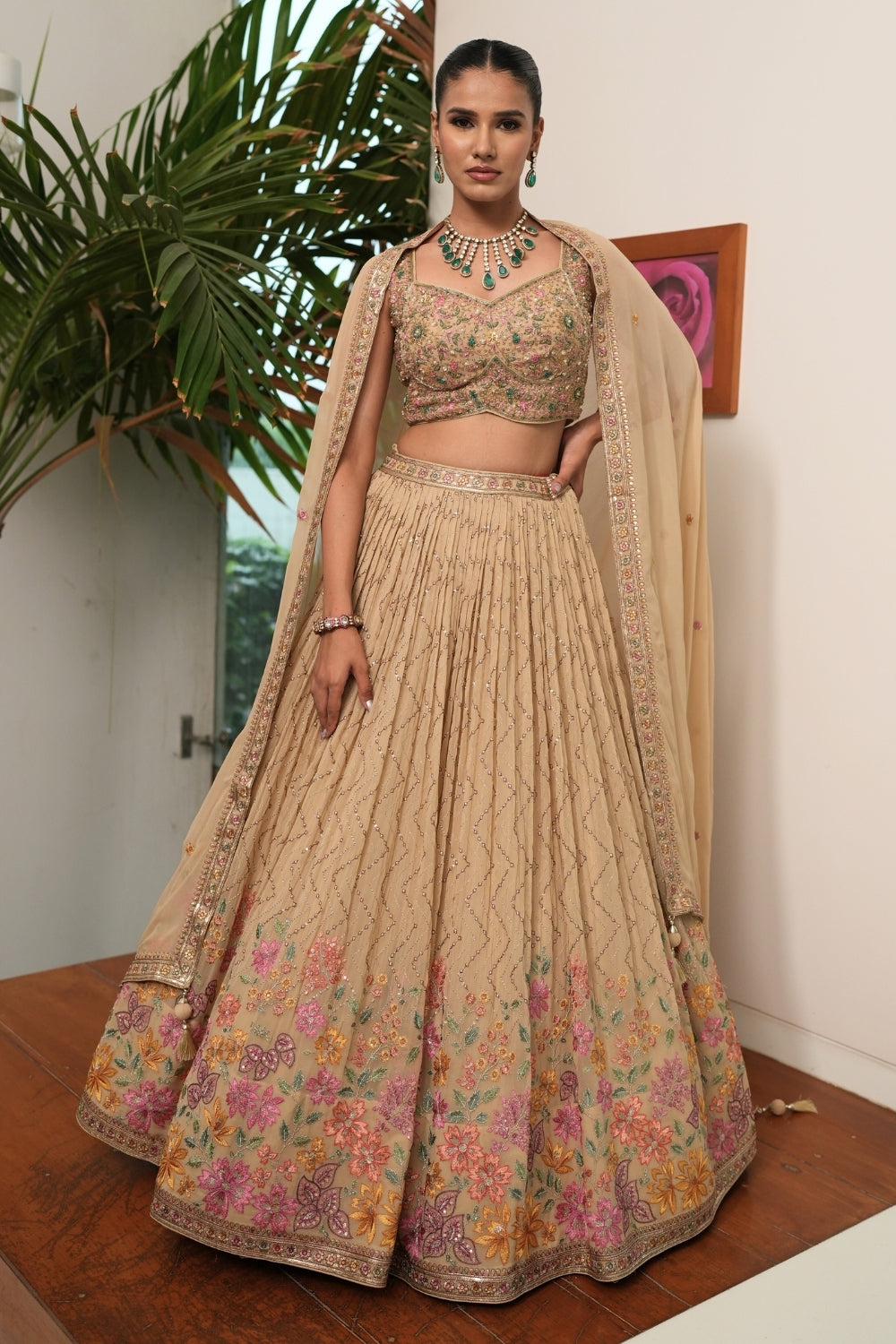 Cream Georgette Lehenga Set with Moti and Zardosi Work