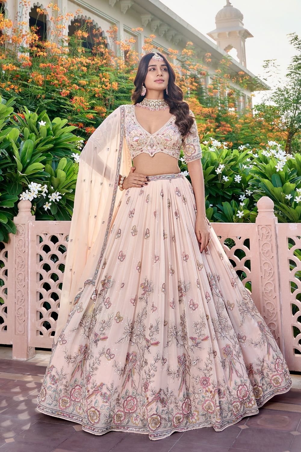Cream Georgette Lehenga Set with Cutdana and Sequins Work