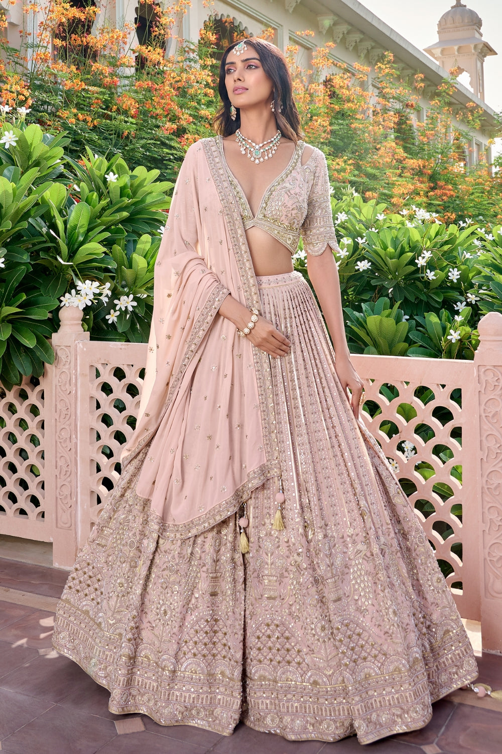 Cream Georgette Lehenga Set with Sequins and Zardosi Work