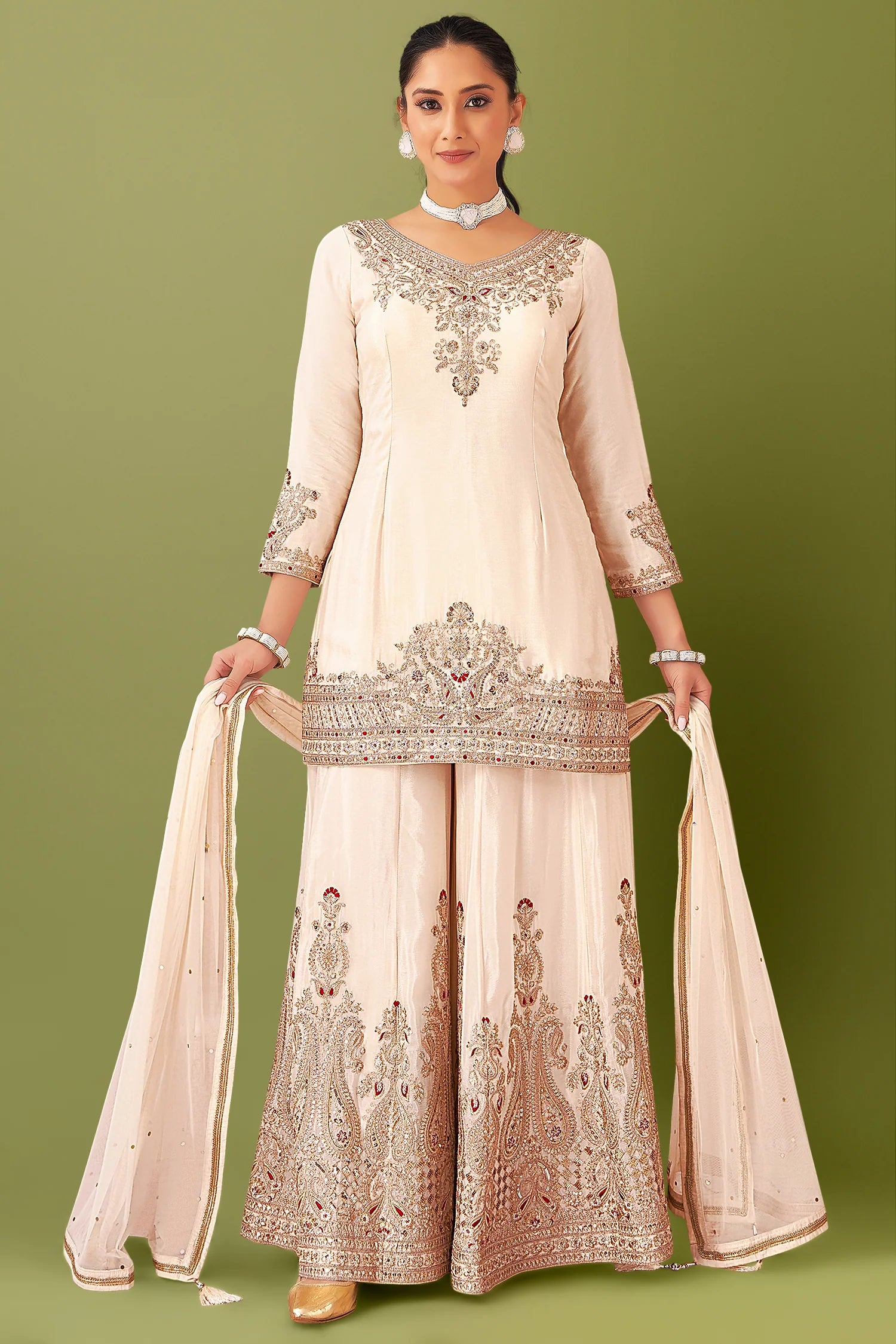Cream Georgette Sequin Embroidered Palazzo Suit