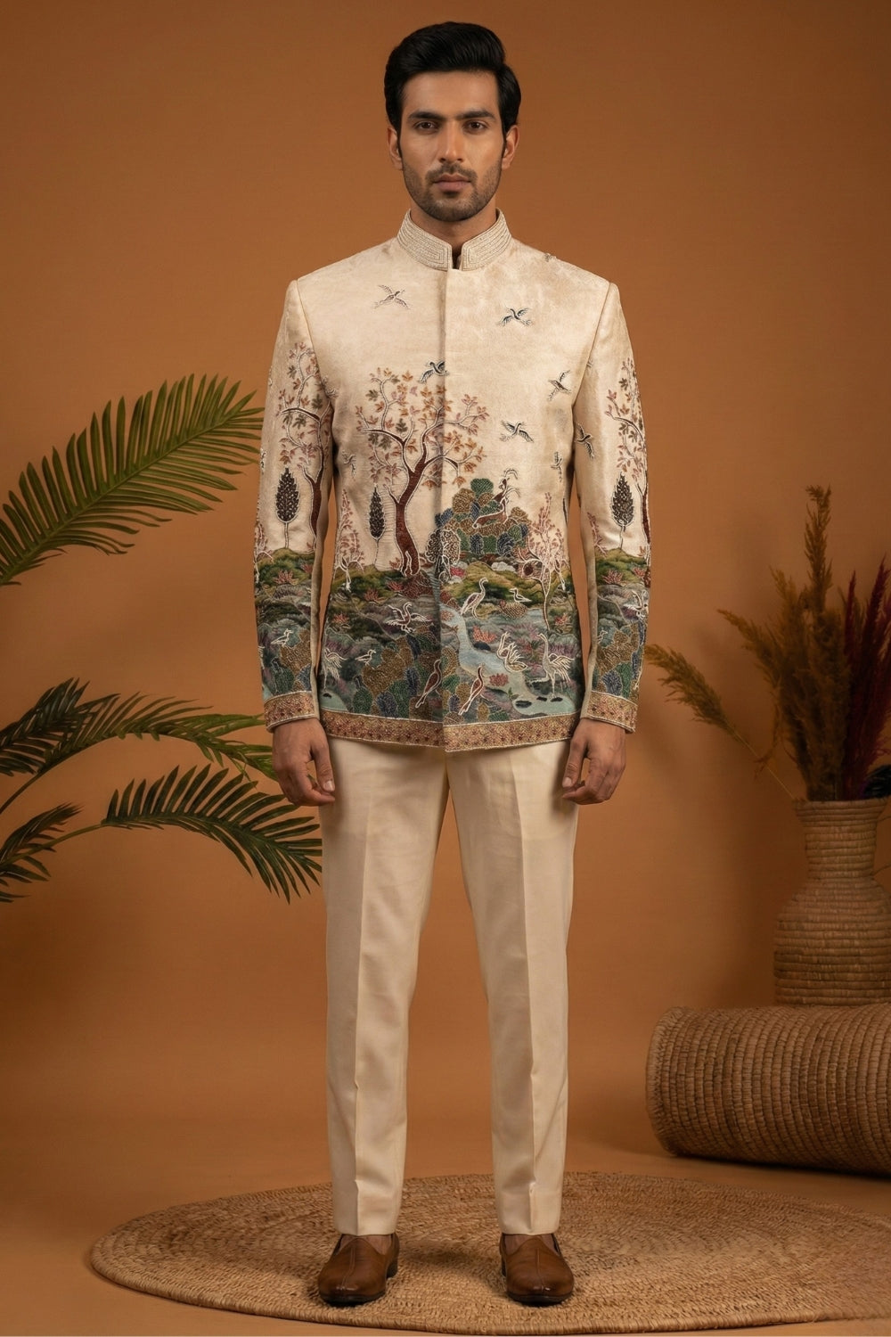 Cream Imported Jodhpuri Set with Cutdana and Moti Work