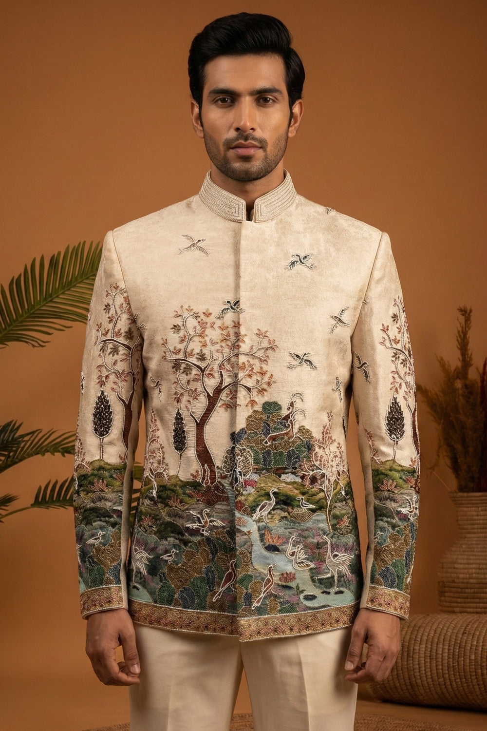 Cream Imported Jodhpuri Set with Cutdana and Moti Work