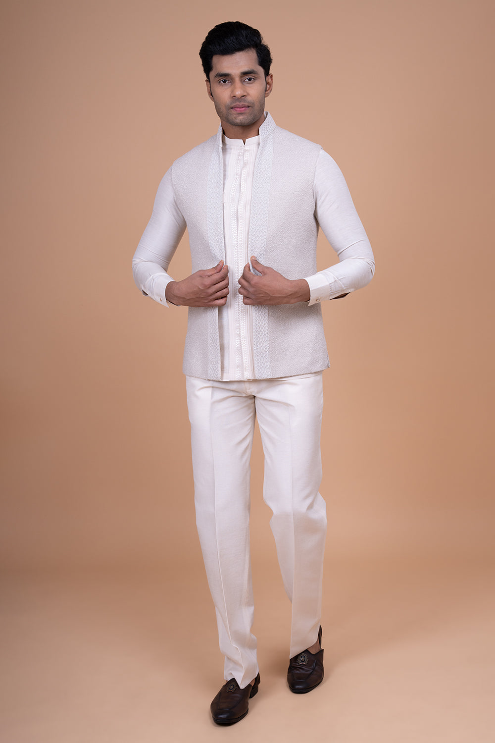 Cream Open-Front Silk Jacket with Floral Appliqué and Mustard Printed Kurta