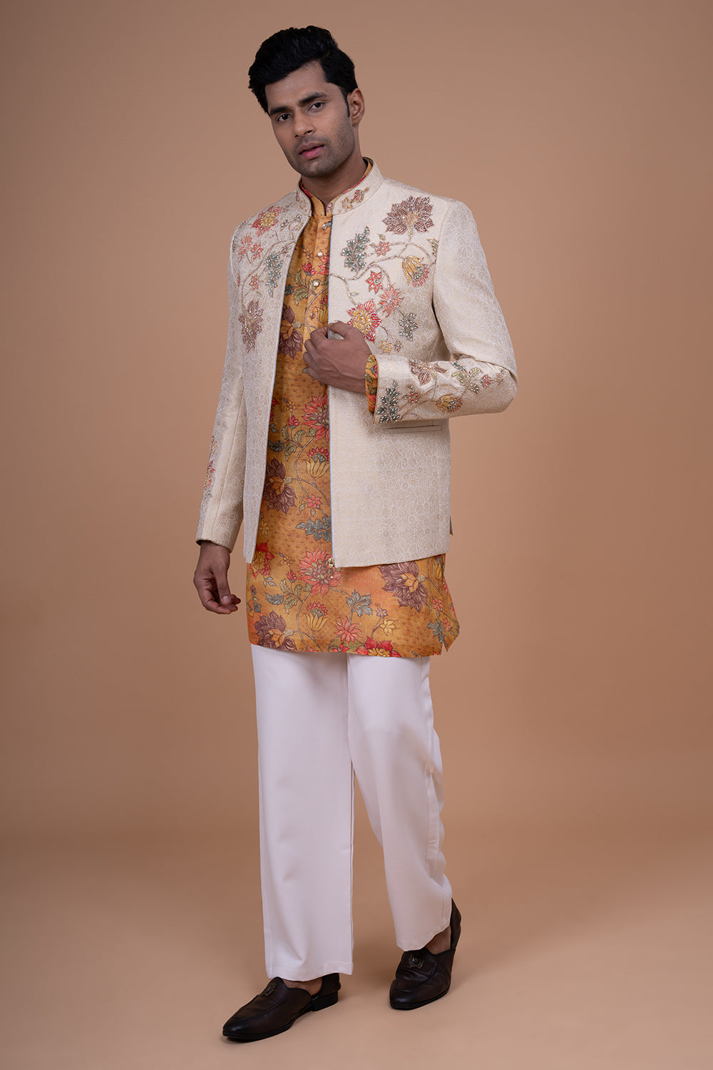 Cream Open-Front Silk Jacket with Floral Applique and Mustard Printed Kurta