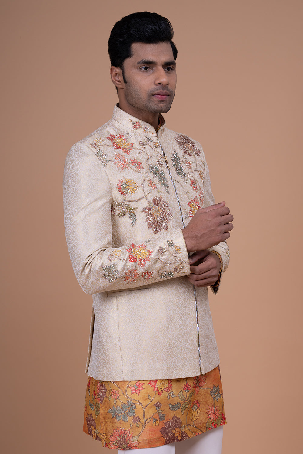 Cream Open-Front Silk Jacket with Floral Applique and Mustard Printed Kurta