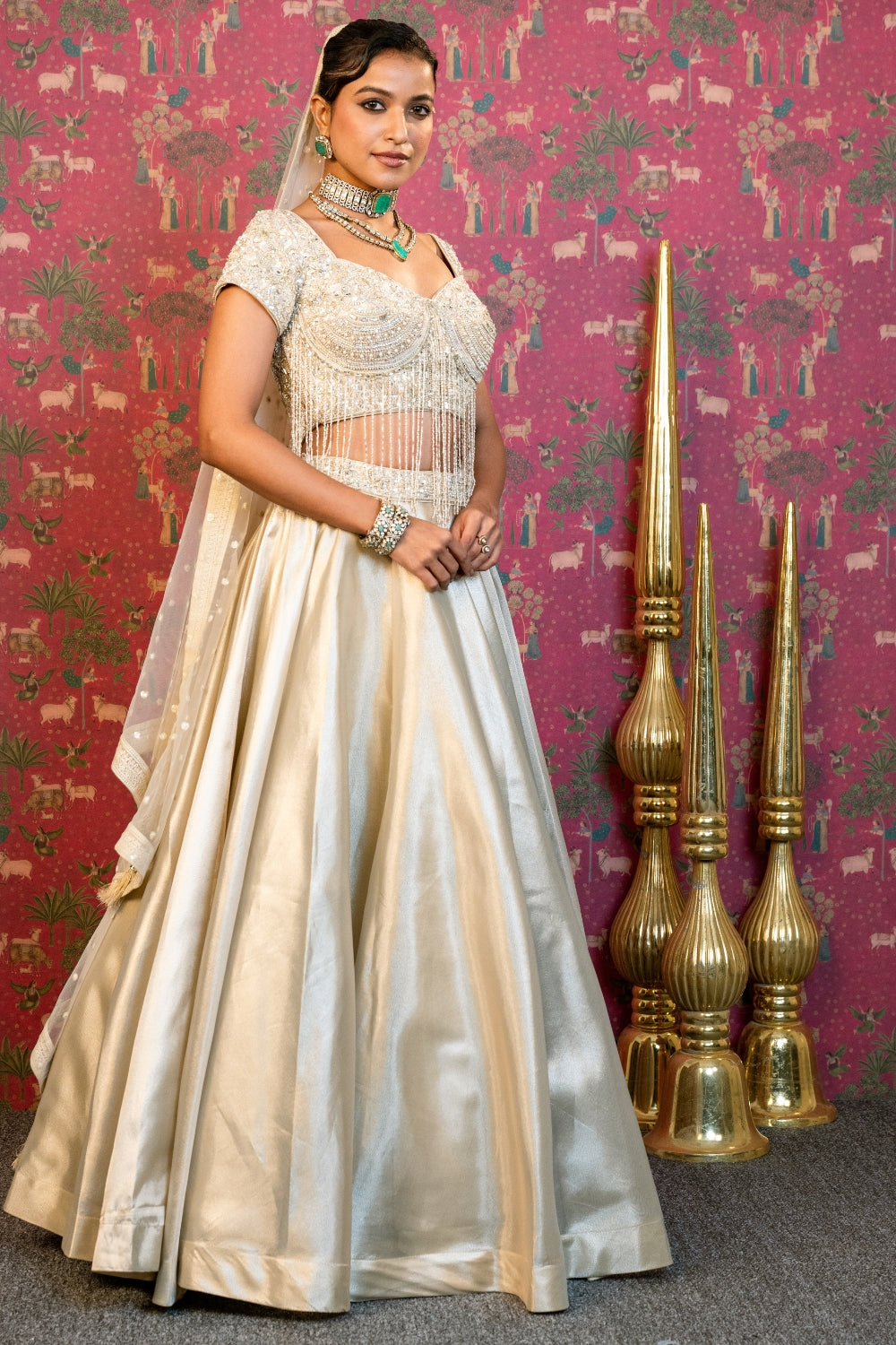 Cream Organza Lehenga Set with Moti and Cutdana Work