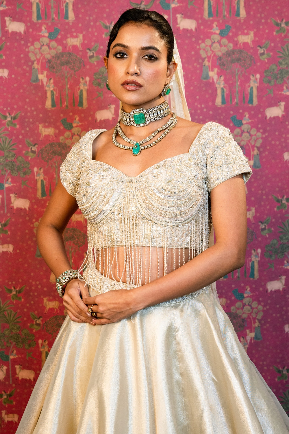Cream Organza Lehenga Set with Moti and Cutdana Work