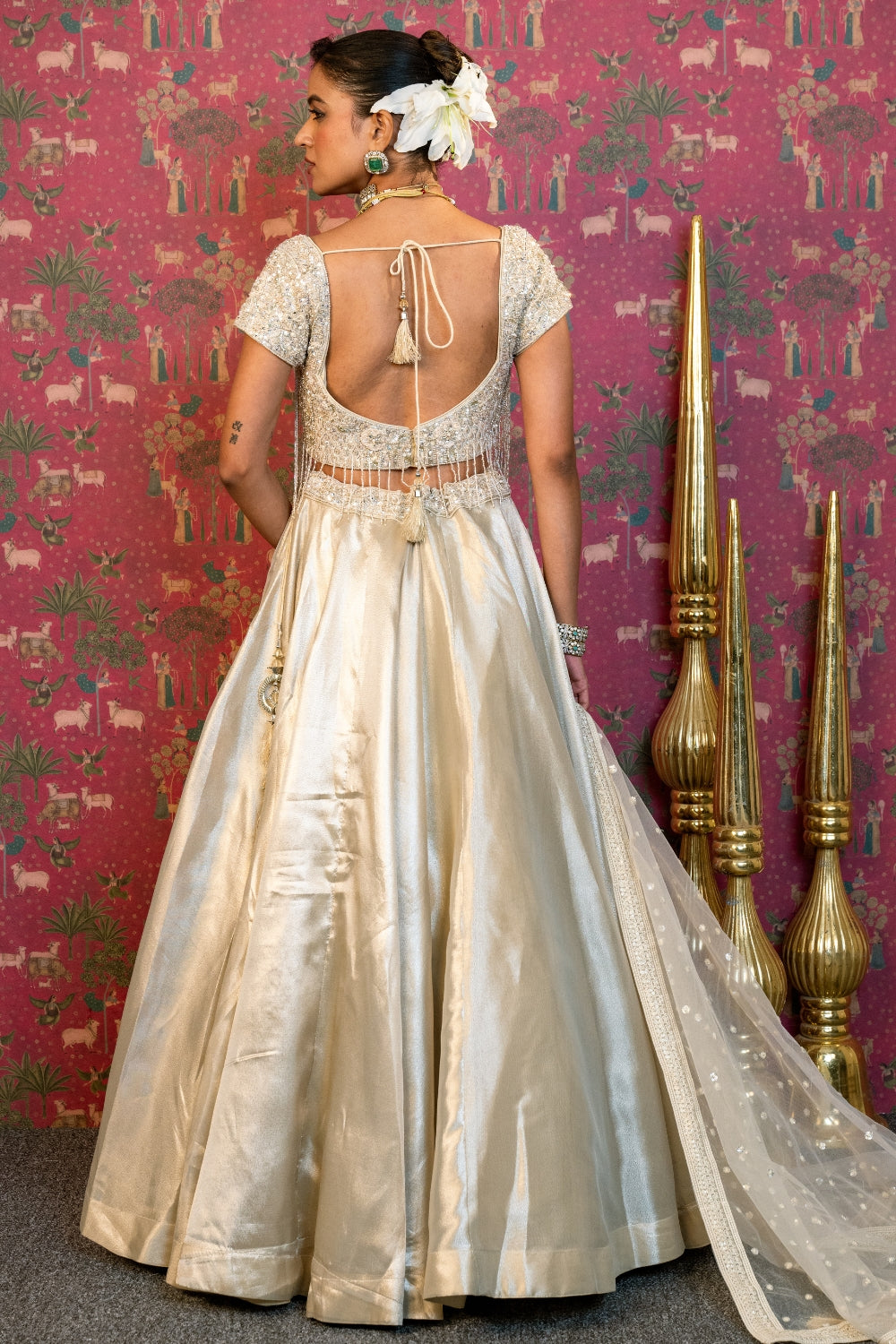 Cream Organza Lehenga Set with Moti and Cutdana Work