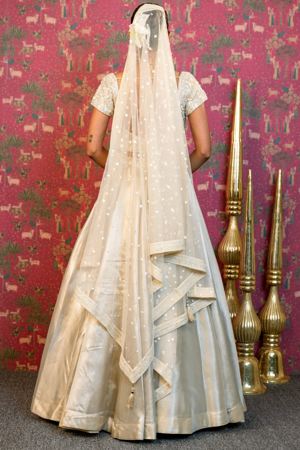 Cream Organza Lehenga Set with Moti and Cutdana Work