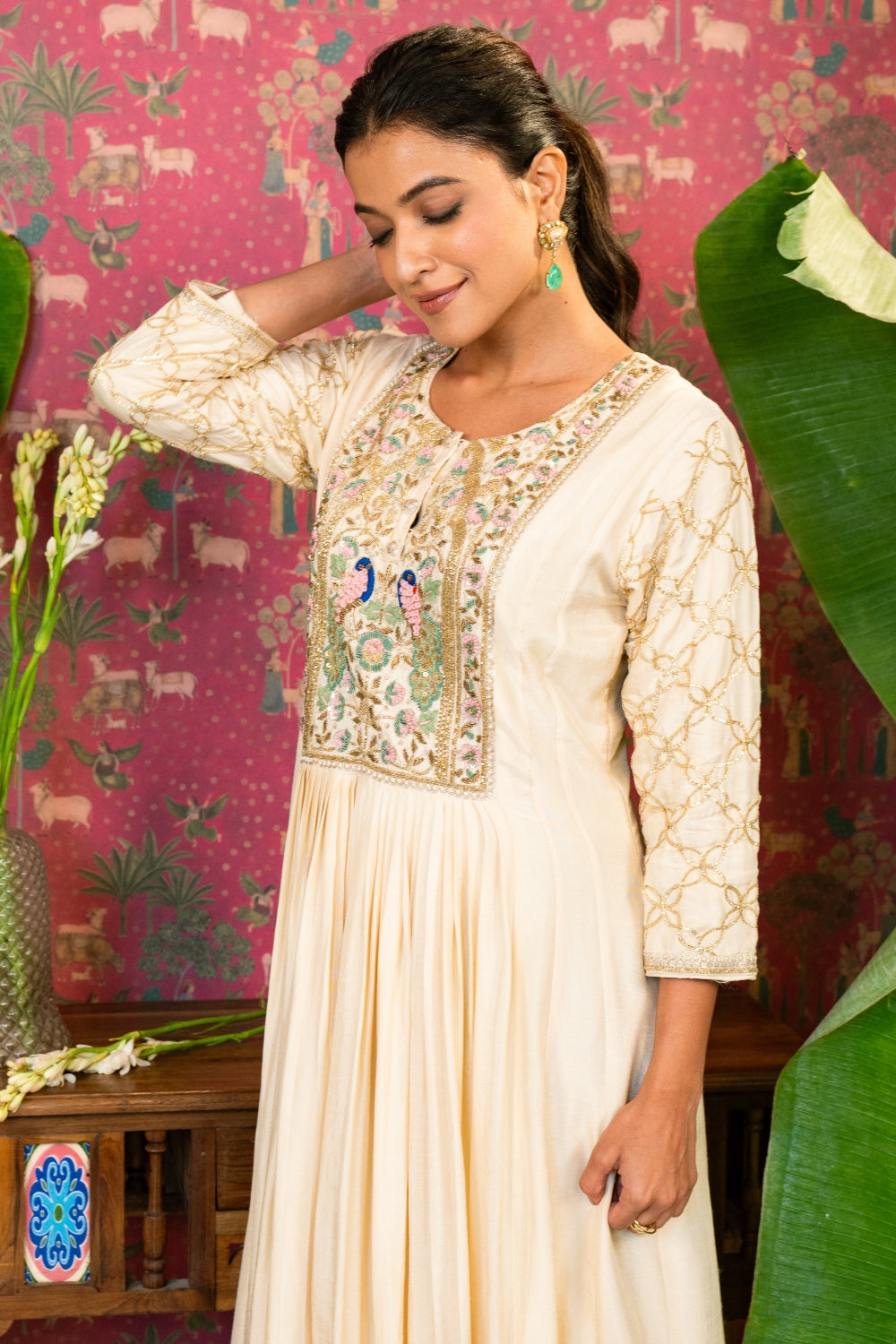 Cream Silk Anarkali with Zardosi and Resham Embroidery